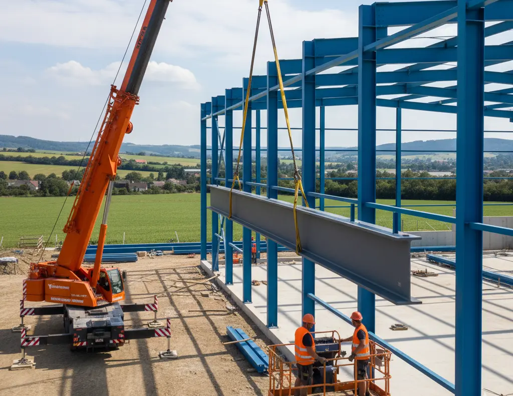 Construction Crew Assembling Steel Frames On Site