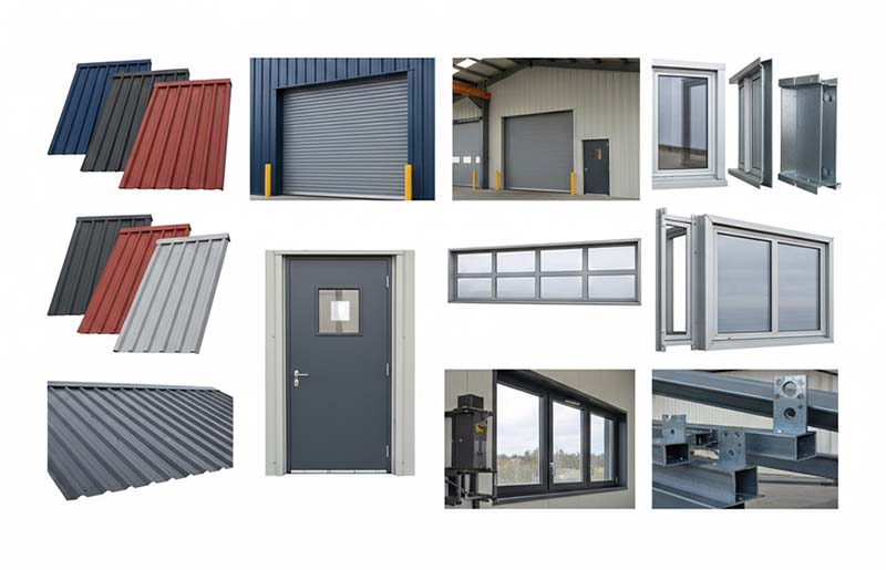 Metal building enclosure options including roof and wall panels, doors, windows, trims, and accessories