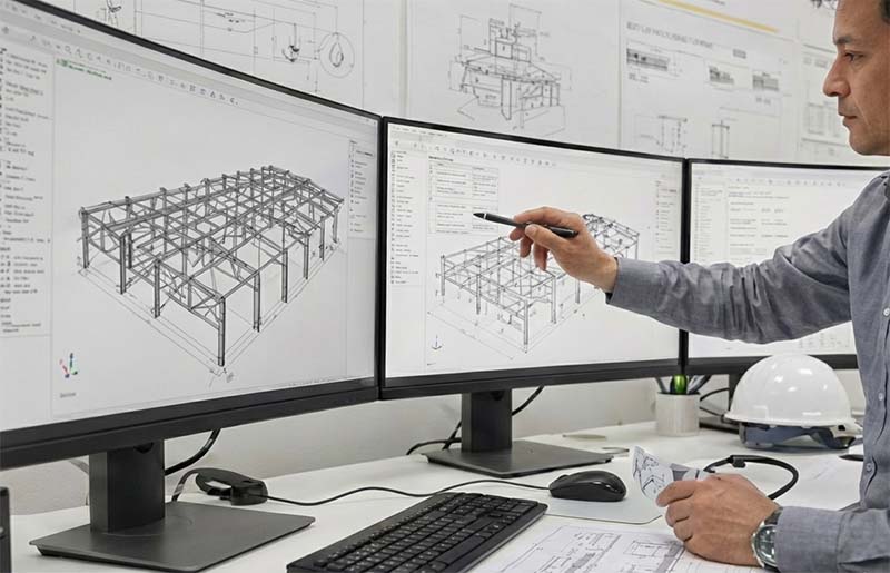 Steel building engineering and detailing service with GA drawings, connection details, member list, and bill of materials