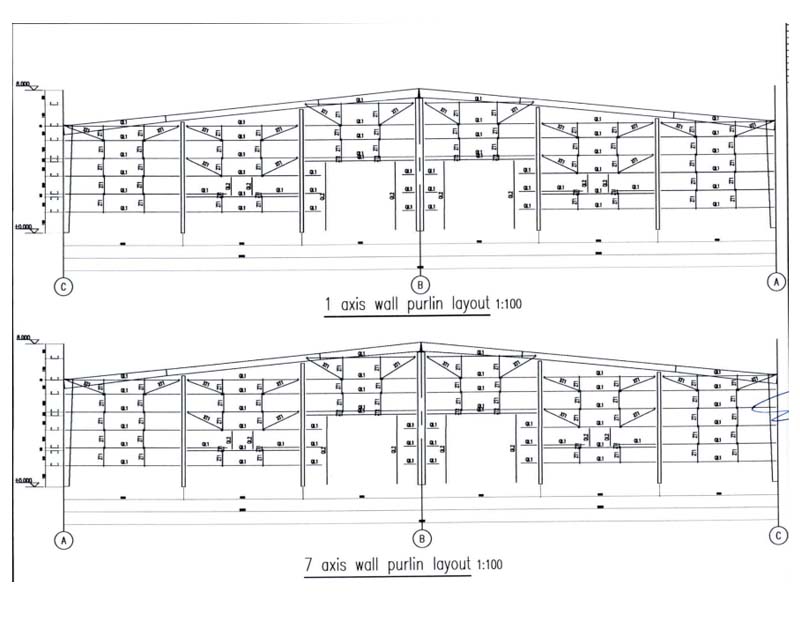Structural frame elevation drawings showing portal frame profiles for a 50m × 40m × 6m steel building in Thailand