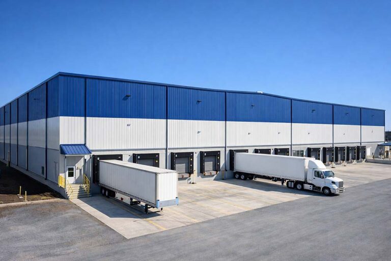 Finished prefabricated steel warehouse building with loading dock doors and trucks (PEB steel structure)