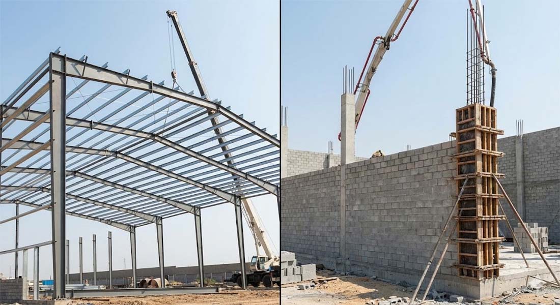 Side-by-side comparison of steel frame warehouse construction versus concrete/masonry structure on site