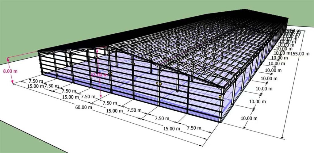 3D model of a 60m×155m×8m steel structure building supplied for a project in Thailand
