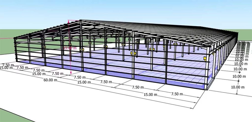 Alternate 3D view showing the steel frame layout for a 60m×155m×8m building in Thailand