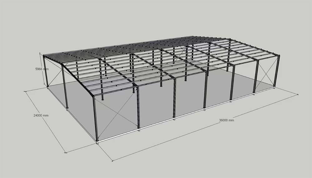 3D model overview of a 24m by 36m steel warehouse frame in Australia