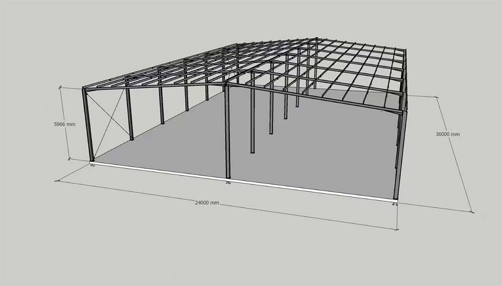 3D frame layout showing the structure and proportions of an Australia steel warehouse (24×36m)
