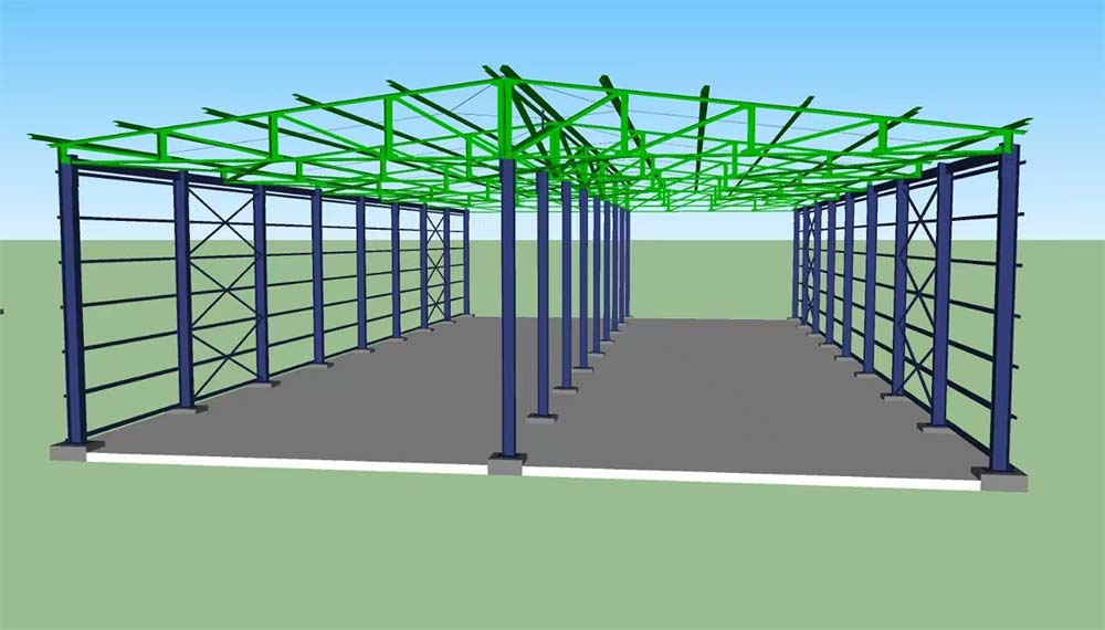 3D view highlighting primary frames and secondary framing members in a steel warehouse