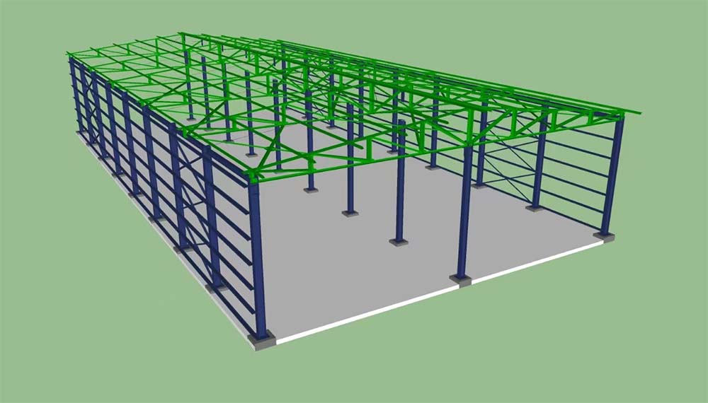 3D model showing secondary framing arrangement with roof purlins and wall girts in a steel warehouse