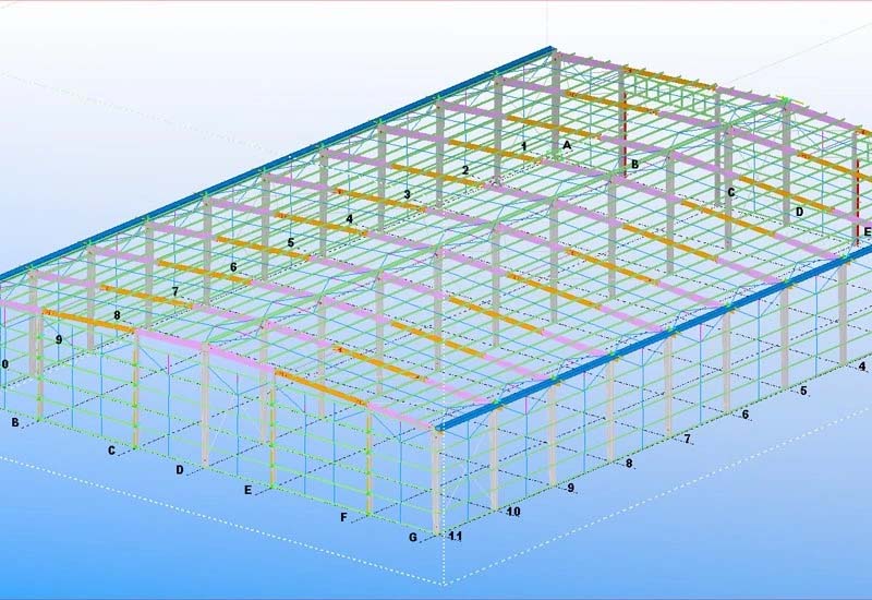 3D structural model of the 40m × 60m steel warehouse frame in the Solomon Islands