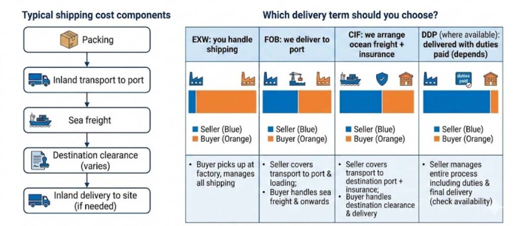 Infographic showing typical shipping cost components and delivery term responsibilities for EXW, FOB, CIF and DDP
