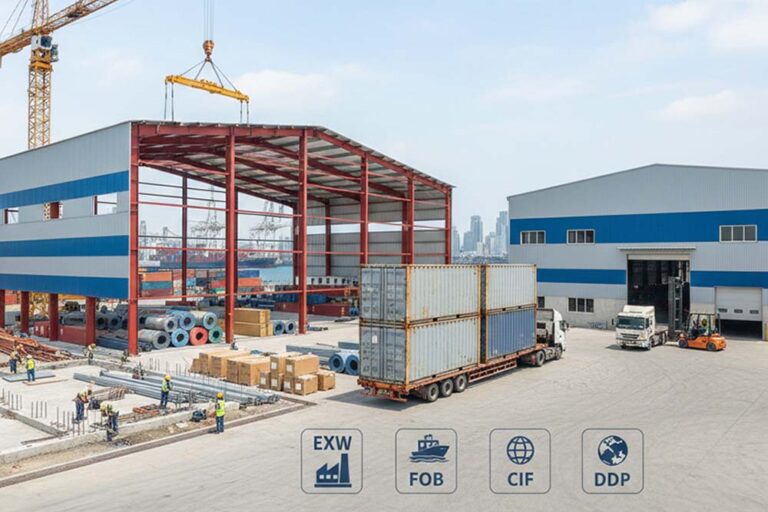 Steel warehouse project showing container loading and delivery terms EXW, FOB, CIF and DDP for export shipping