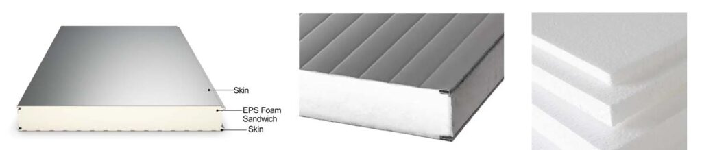 EPS foam sandwich panel showing metal skins and EPS insulation core (section and close-up view)