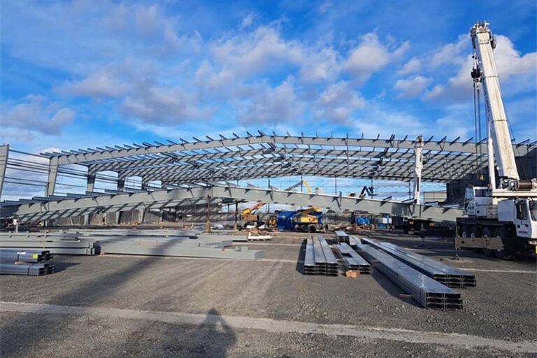 Wide view of a steel warehouse frame being erected on site, with cranes and steel members staged for installation.