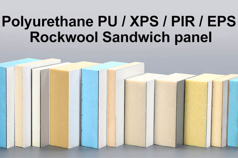 Comparison of warehouse sandwich panel core materials including PU, PIR, EPS, XPS and rock wool with structure and basic specifications