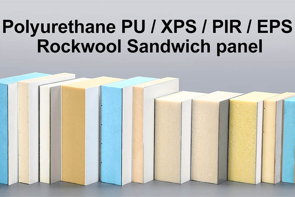 Comparison of warehouse sandwich panel core materials including PU, PIR, EPS, XPS and rock wool with structure and basic specifications