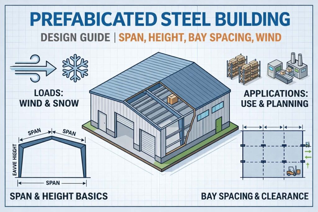 Illustration showing the main design inputs of a prefabricated steel building, including span, eave height, bay spacing, wind load, snow load, and application planning