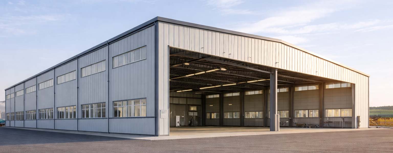 Modern prefabricated steel warehouse building with wide open bays and light gray metal wall panels