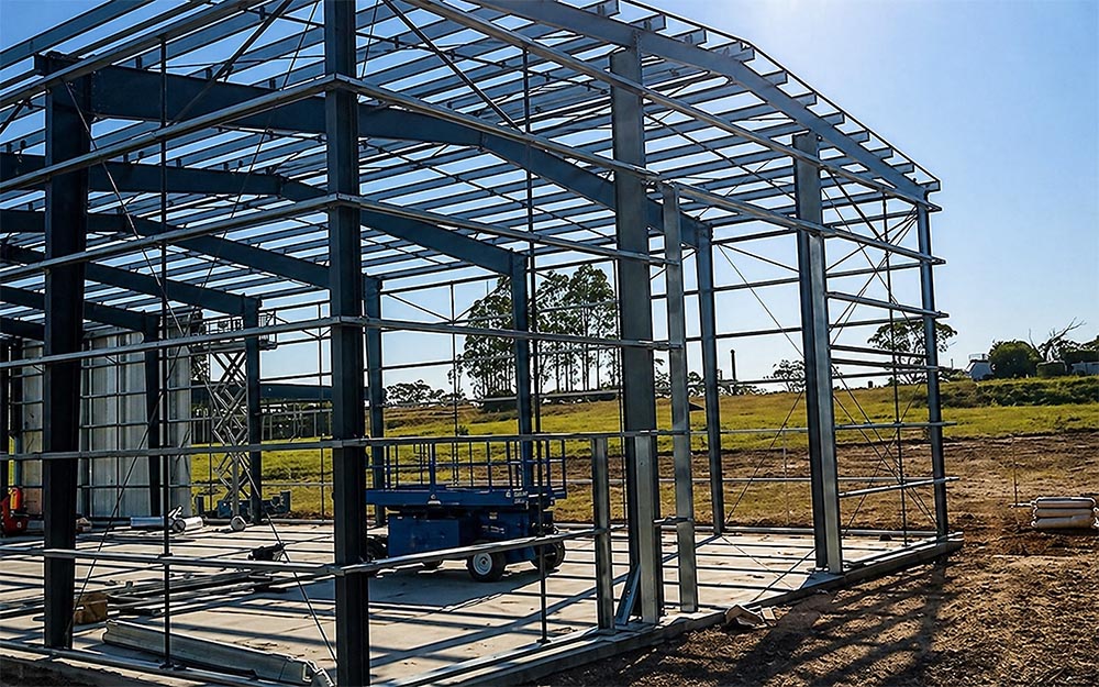 Side view of steel frame construction for the prefabricated food warehouse project in Australia