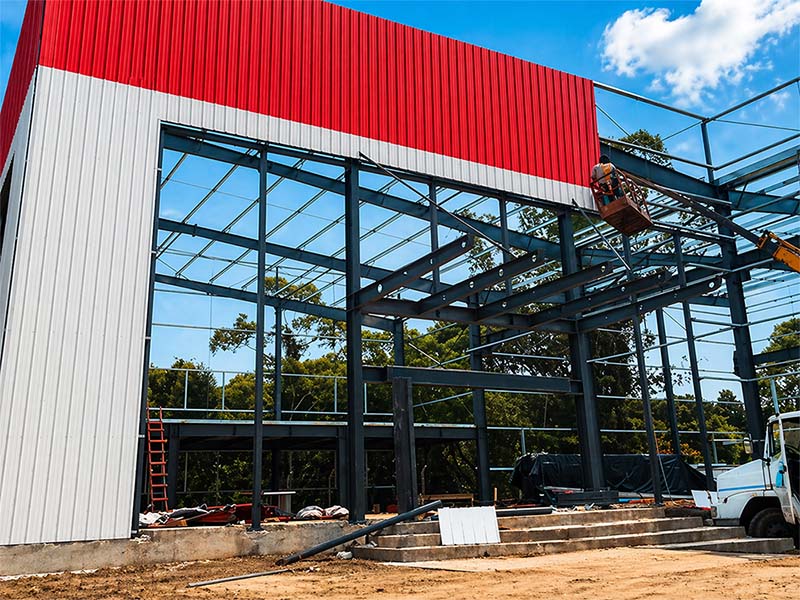 Front view of steel frame erection for a factory building project in Brazil